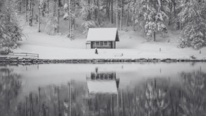 Cabin on the lake in the winter